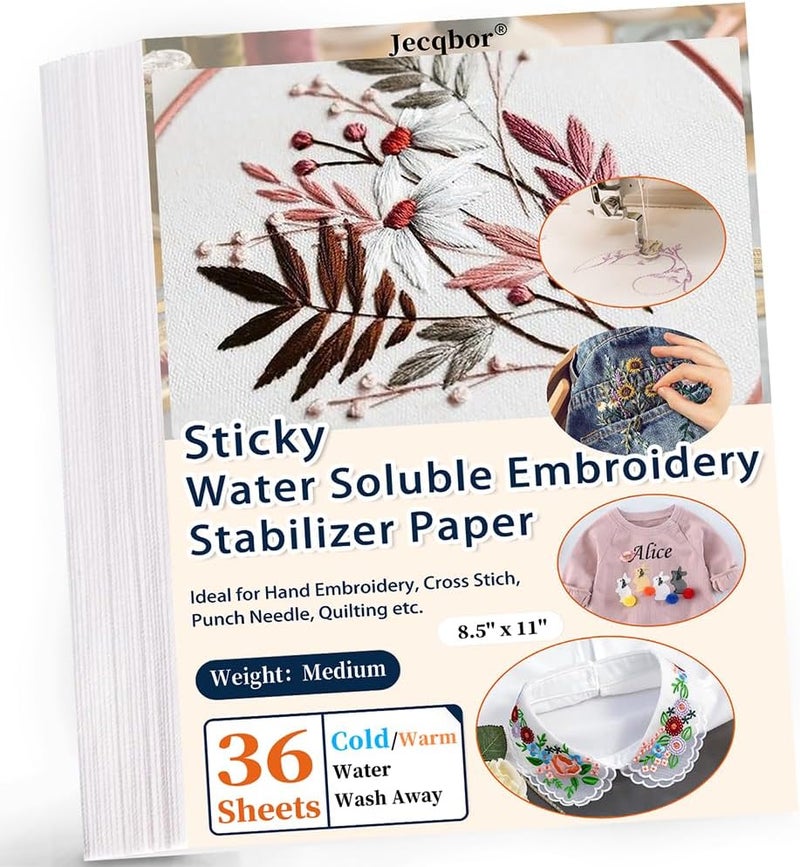 Jecqbor Water Soluble Stabilizer for Embroidery Printable - 36PCS 8.5''x 11'' Stick and Stitch Embroidery Paper Wash Away,Dissolvable Backing for Hand or Machine Sewing Supplies - Image 1